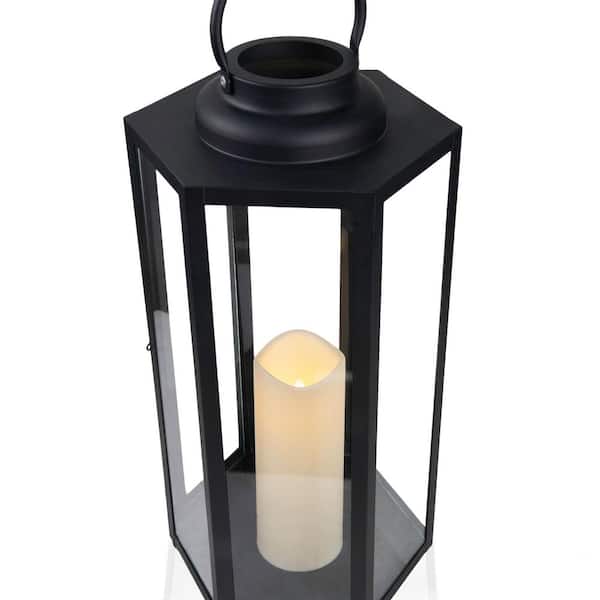 Alpine Corporation 18 in. Tall Outdoor Hexagonal Battery-Operated Metal Lantern with LED Lights, Black