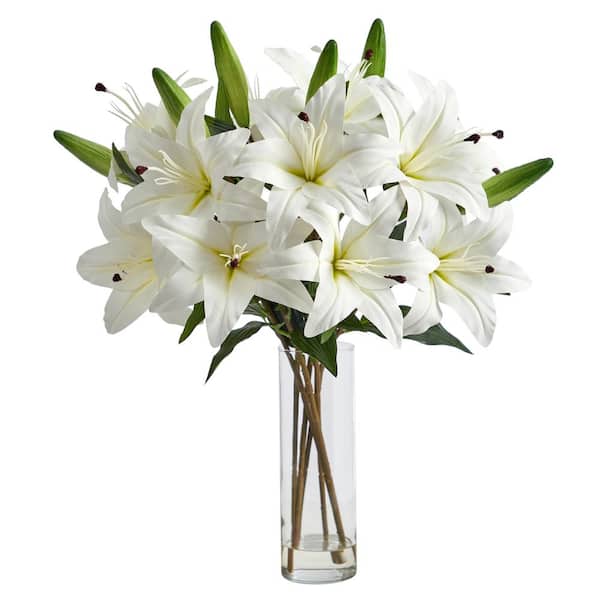Nearly Natural 25 in. White Artificial Lily Floral Arrangement with Cylinder Glass Vase