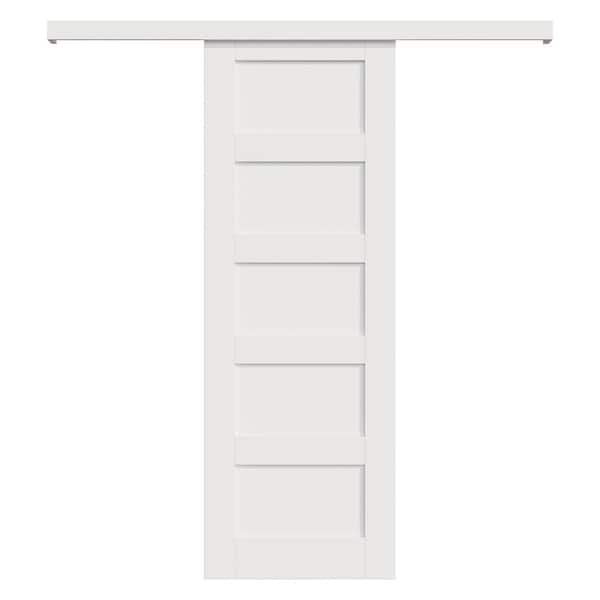 28 in. x 80 in. Hidden Track Style 5-Lite Paneled White Primed MDF Sliding Barn Door with Hardware Kit