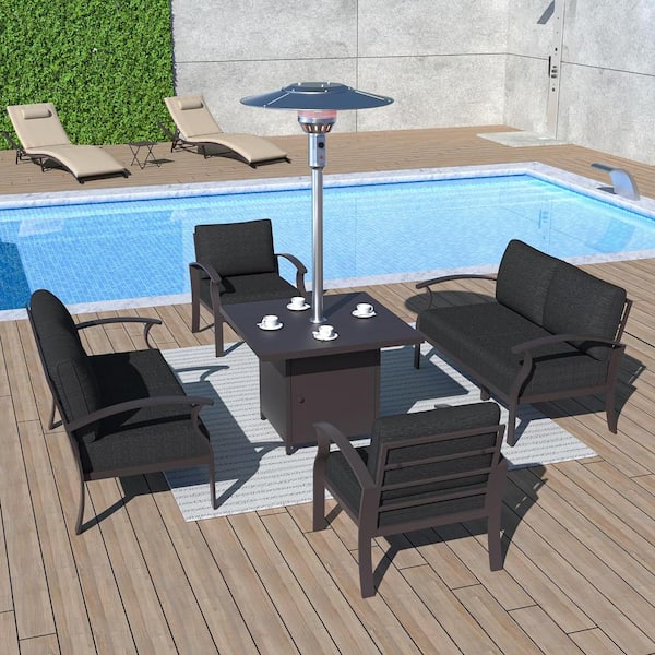 Halmuz 7-Piece Aluminum Patio Conversation Set with Armrest, 45000 BTU Stainless Steel Burner Square Table and Cushion Black