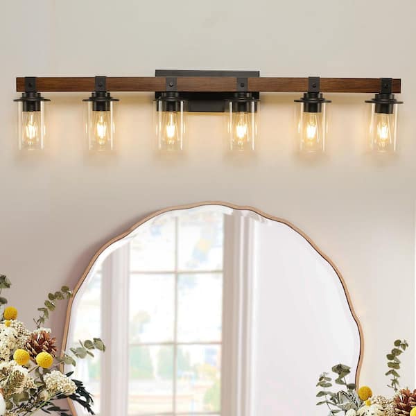 Farmhouse 42.3 in. 6-Light Walnut and Black Bathroom Vanity Light with Glass Shade