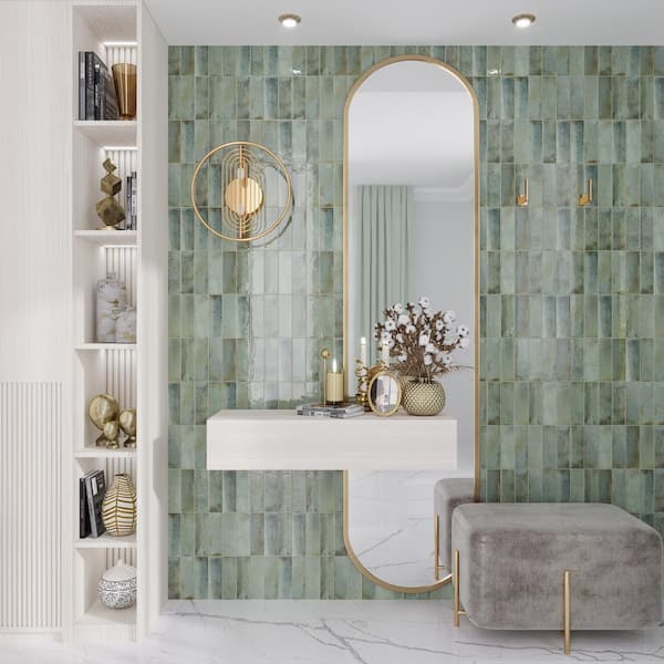 Apollo Tile Antiek Sage Green 3-in x 8-in Glossy Ceramic Brick Look Floor and Wall Tile (5.38-sq. ft/ Carton)