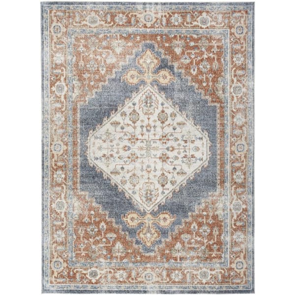 8 ft. x 10 ft. Denim Blue Oriental Power Loom Distressed Washable Area Rug