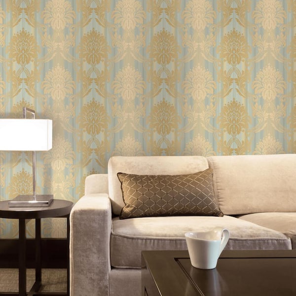 String Damask Wallpaper in Blue and Beige