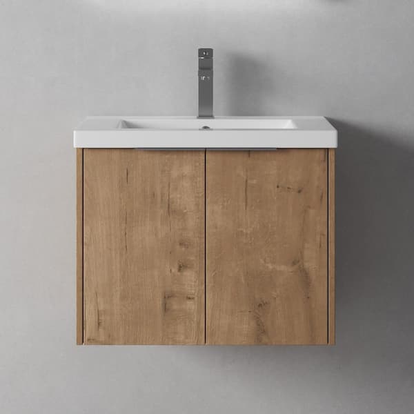 MYCASS 24 in.W x 18 in.D x 19 in.H Wall Mount Bath Vanity in Oak with Concealed Handle and White Resin Single Sink Top