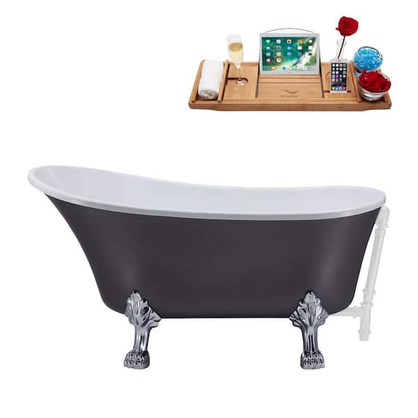 Streamline 55 in. Acrylic Clawfoot Non-Whirlpool Bathtub in Matte Grey With Polished Chrome Clawfeet And Glossy White Drain