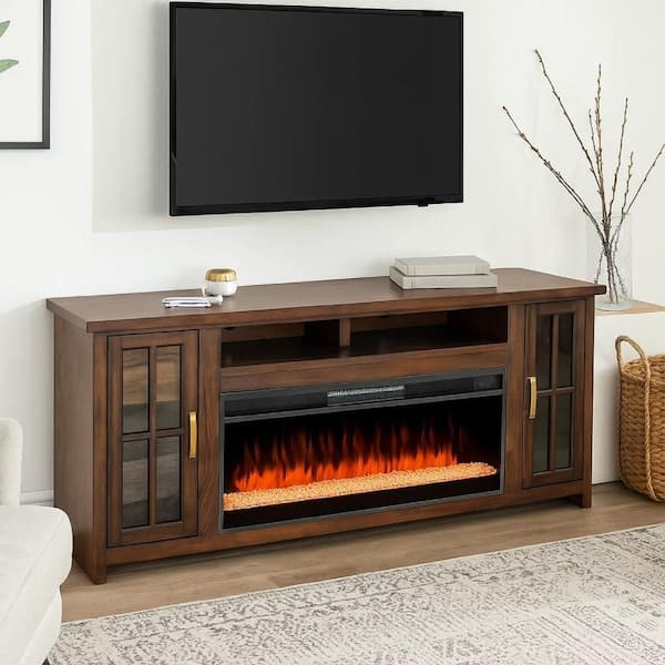 Gery Brown TV Stand Console Fits TVs up to 80 to 85 in. with Crystal Fireplace Insert Option and 2-Cabinets