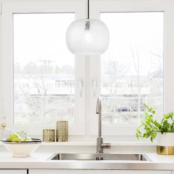 Luna 25-Watt 1-Light Black Pendant Light with Clear Blown Glass Textured Globe Shade