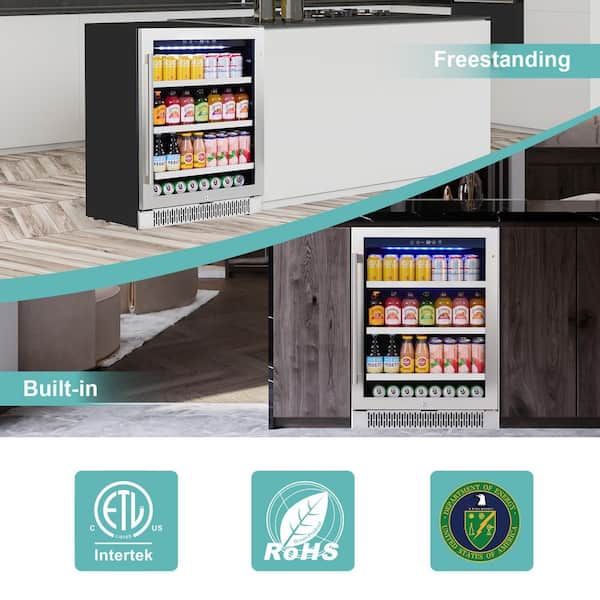 24 in. Single Zone 173-Cans Beverage Refrigerator with Adjustable Shelves in Stainless Steel, Freestanding/Built-in