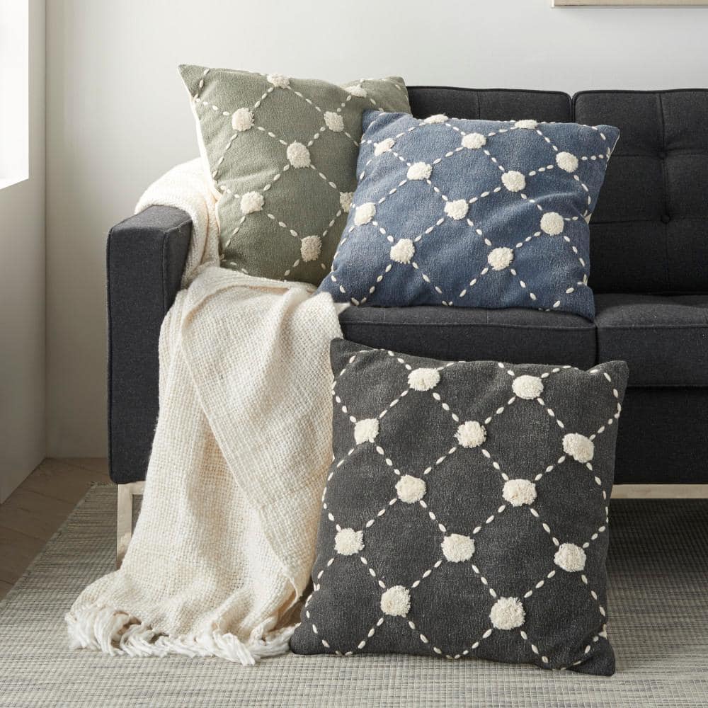 Sage Green Cotton Embroidered Square Throw Pillow 20" x 20"