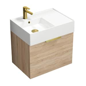 Derin 23.6 in. W x 17.3 in. D x 25.19 in. H Modern Bathroom Vanity in Brown Oak With White Ceramic Top