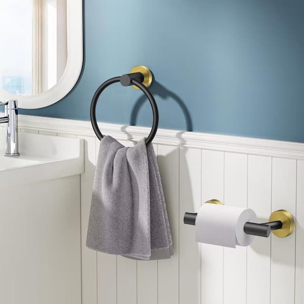 2-Piece Bath Hardware Set with Towel Ring Toilet Paper Holder Double Post SUS304 Stainless Steel 2pc in Black Gold