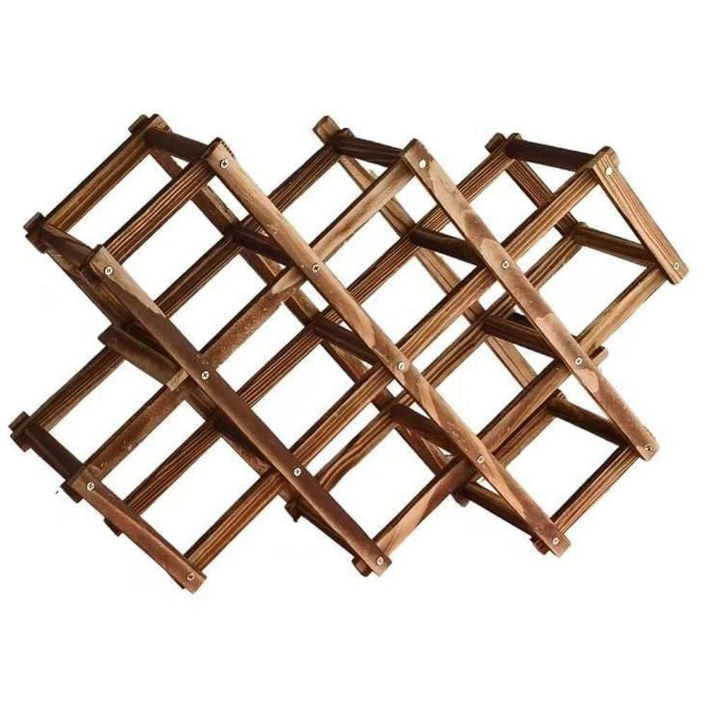 Freestanding Stackable Wine Rack Organizer Foldable Carbonized Pine Brown Wood Countertop Kitchen Storage