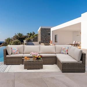 7-Piece Wicker Outdoor Sectional Sofa Set Patio Conversation Set with Beige Cushions and Coffee Table for Garden, Yard