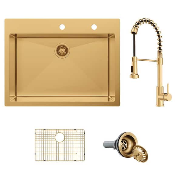 30 in. Drop-In Single Bowl 18-Gauge Gold Stainless Steel Kitchen Sink with Spring Neck Faucet