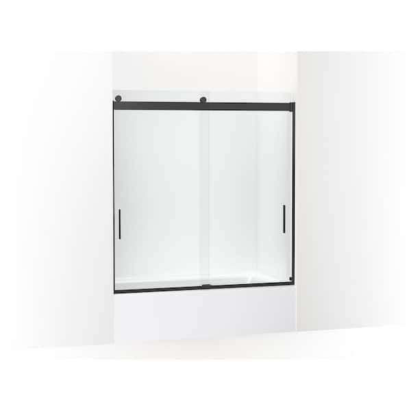 KOHLER Levity 57-60 in. W x 62 in. H Frameless Sliding Tub Door in Matte Black with Crystal Clear Glass and Reversible Tracks
