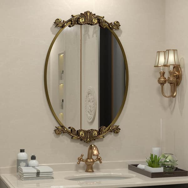 20 in. W x 32 in. H Oval Aluminum Alloy Framed French Cleat Mounted Baroque Wall Decor Bathroom Vanity Mirror in Gold