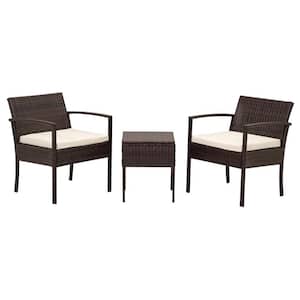 3-Piece Brown Wicker Outdoor Bistro Set with Beige Cushions and 2-Chairs for Backyard, Poolside, Garden