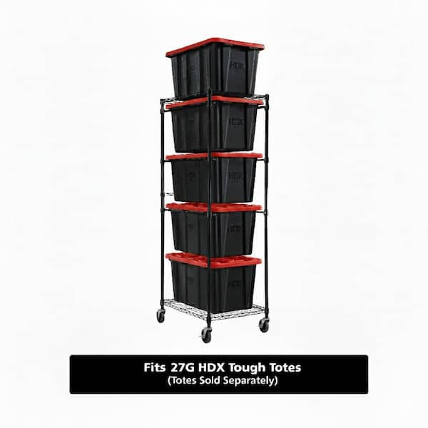 Steel Wire Garage Storage Rack (22 in. x 69 in. x 28.5 in.) and 5-Pack of Red 27 Gal. Totes