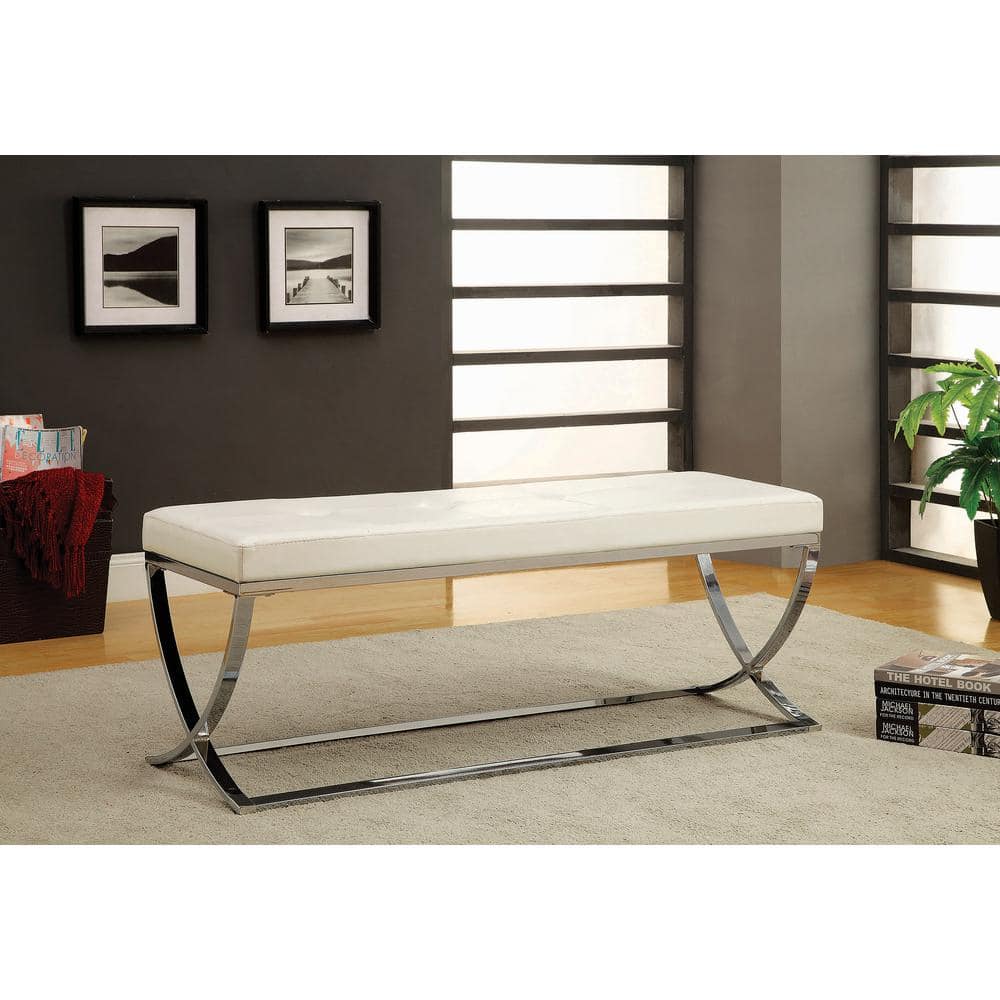Beige Faux Leather Tufted Bedroom Bench with Chrome Frame