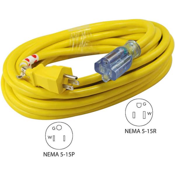 Conntek 100 ft. 12/3 SJTW Heavy-Duty Lighted End Outdoor Extension Cord in Yellow