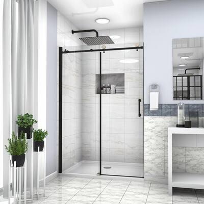 49 in. W x 76 in. H Single Sliding Frameless Shower Door/Enclosure in Matte Black with Clear Glass