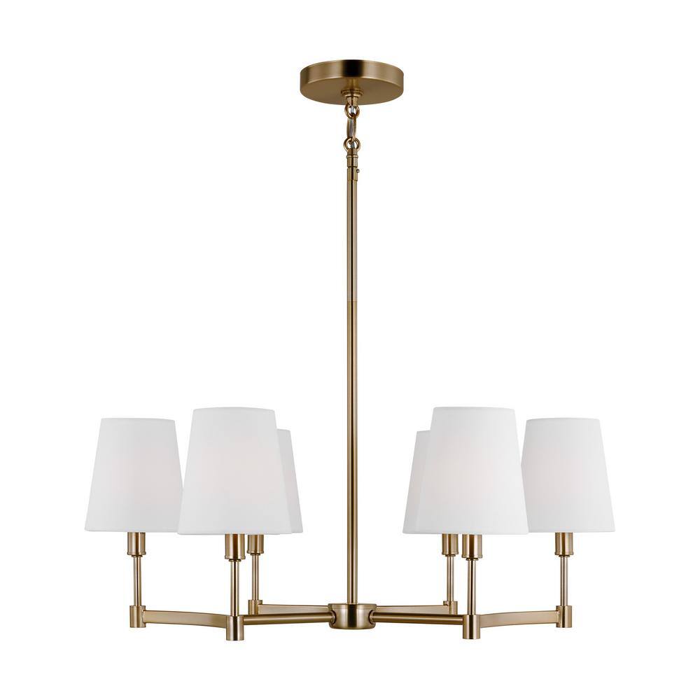 Chatfield Satin Brass and Black 6-Light Chandelier with White Linen Shades