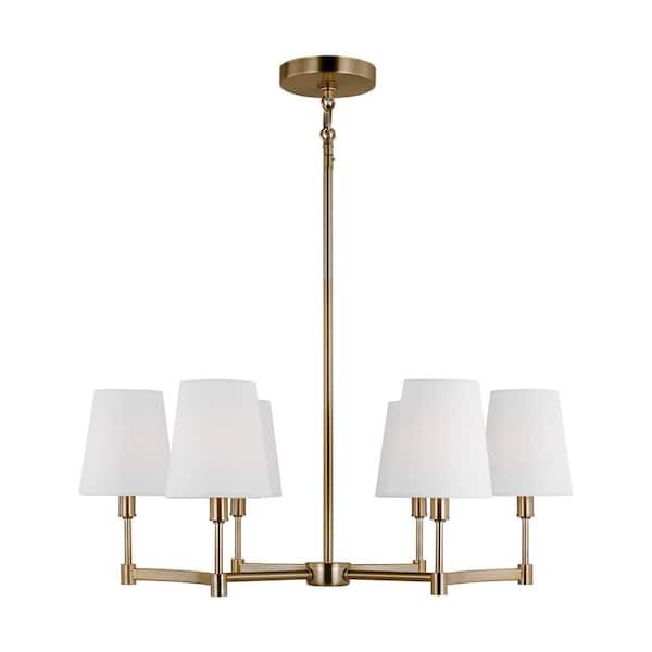 Generation Lighting Chatfield 6-Light Satin Brass Chandelier with White Linen Shades
