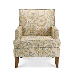 Beige and Yellow Fabric Accent Chair with Wood Leg