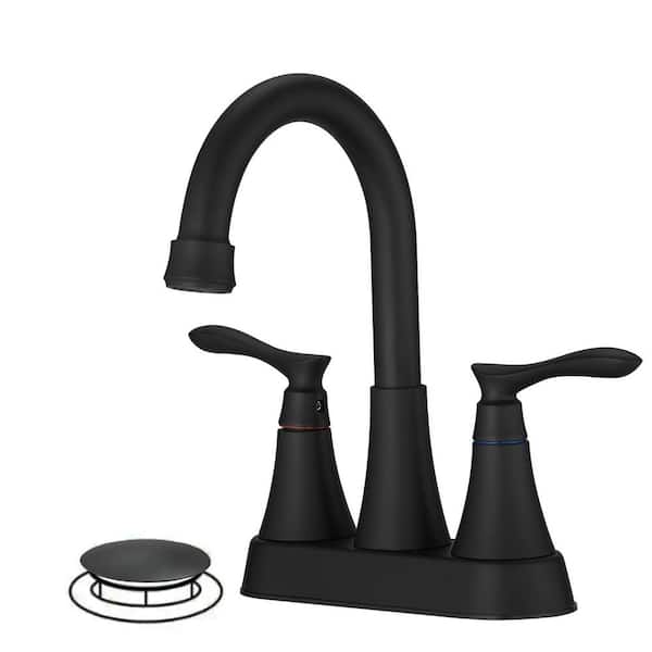 Easy Install 4 in. Centerset Double Handle Spot Resistant Bathroom Faucet with Drain Kit in Matte Black