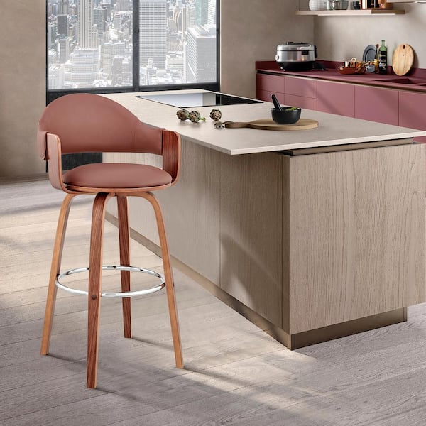 Armen Living Daxton 26 in. Counter Height High Back Brown Faux Leather and Walnut Wood Stool