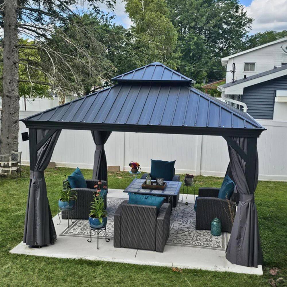 10 ft. x 13 ft. Gray Aluminum Power-Coated Frame Galvanized Steel Double Roof Hardtop Gazebo,Hooks, Netting,Gray Curtain price history on PriceWatchPro