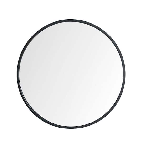 JimsMaison 28 in. W x 28 in. H Round Glass Framed Wall Mounted Hanging Bathroom Vanity Mirror in Matte Black