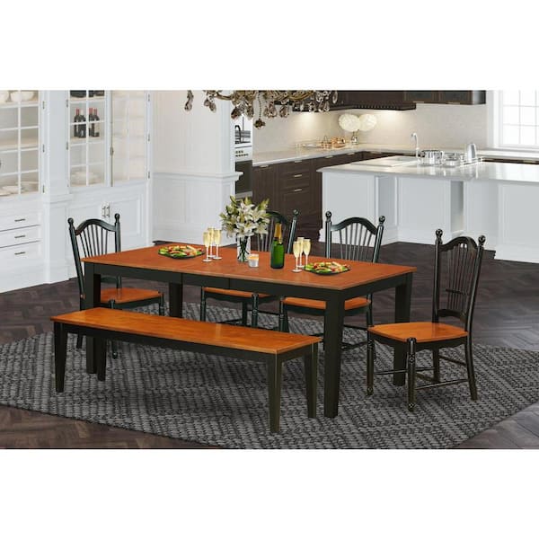 East West Furniture 6-Piece Rectangle Black and Cherry Finish Solid Wood Top Dining Table with 1 Bench, 4 Chairs with Lattice Back