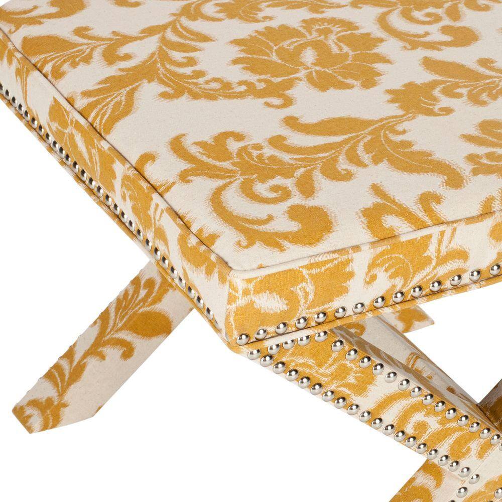 Maize and Beige Damask Pattern Upholstered Ottoman with Silver Nailhead Trim