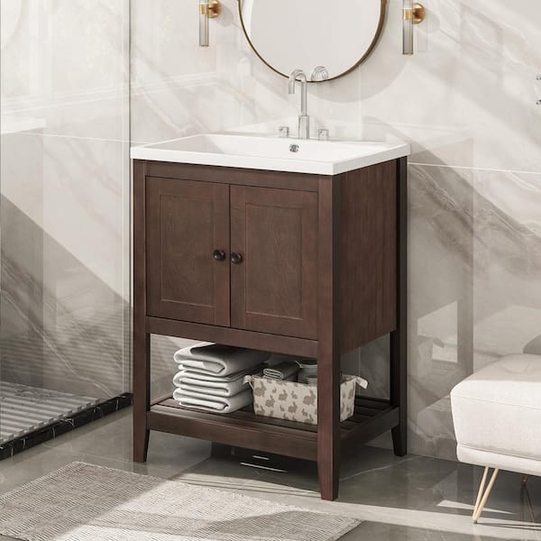 FAMYYT 24 in. W x 17.8 in. D x 33.6 in. H Single Sink Solid Wood Frame Freestanding Bath Vanity in Brown with White Ceramic Top