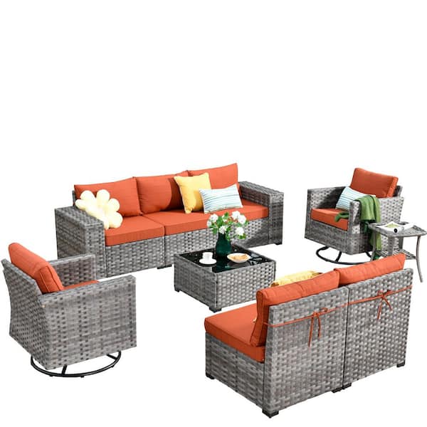 Baldwin Gray 9-Piece Wicker Wide Arm Outdoor Patio Conversation Sectional Set with Swivel Chairs and Orange Red Cushions
