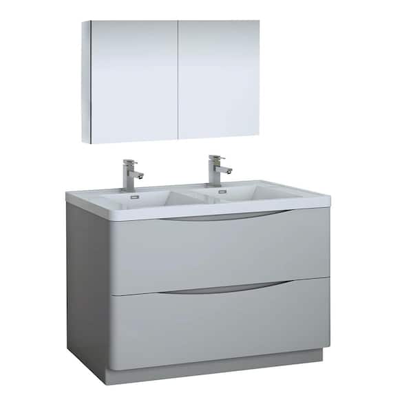 Fresca Tuscany 48 in. Modern Double Bath Vanity in Glossy Gray with Vanity Top in White with White Basin and Medicine Cabinet