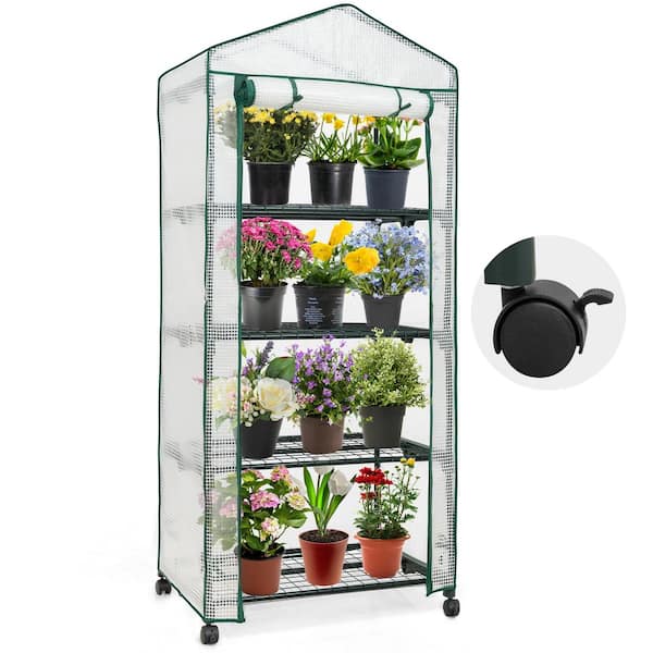 EAGLE PEAK 28 in. W x 19 in. D x 67 in. H Mini Rolling Gardening Greenhouse with Caster Wheels, 4-Tier Portable Rack Shelves, White