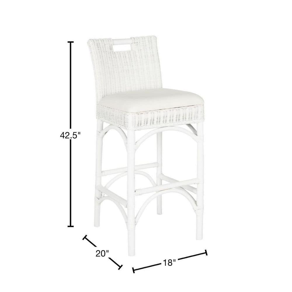 Transitional White Rattan Bar Stool with Comfy Cushion