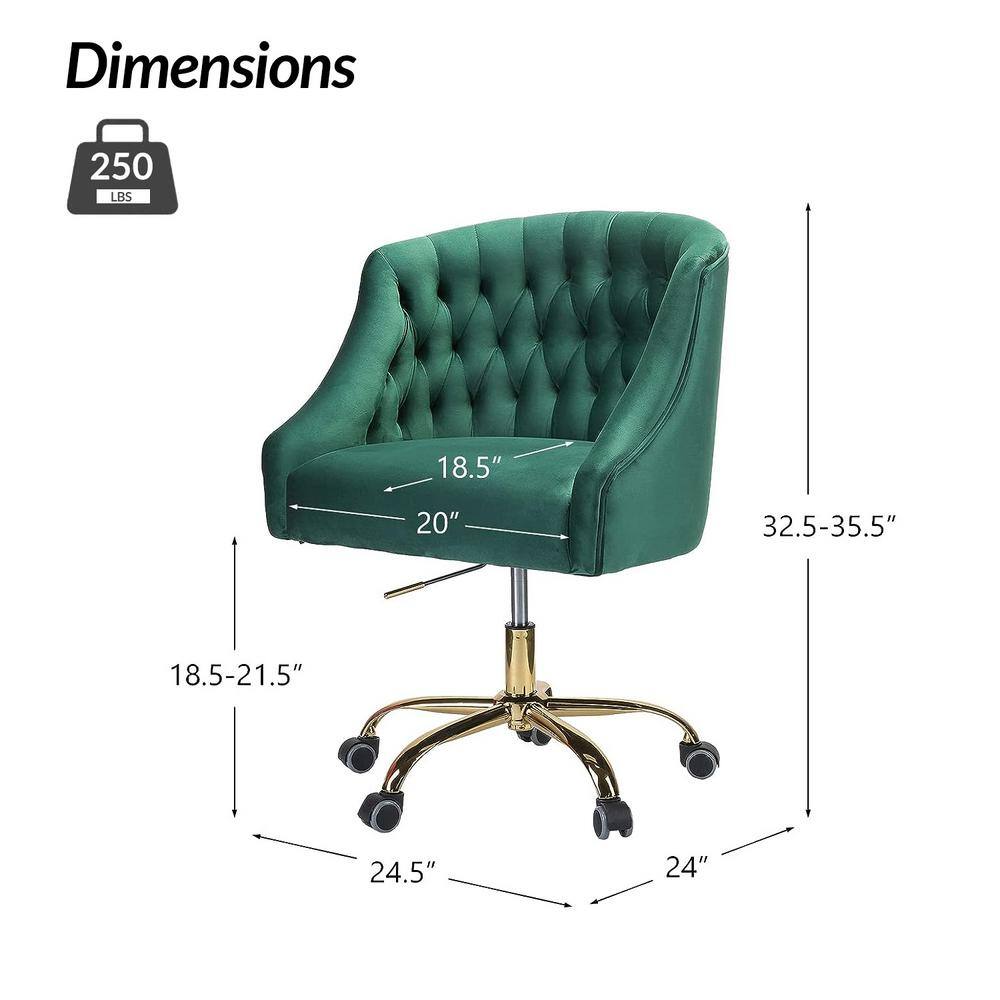 Ergonomic Green Velvet Task Chair with Gold Metal Legs