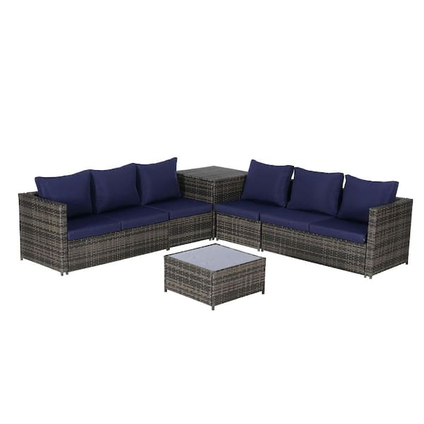 Unbranded 6-Pieces Wicker Patio Conversation Set, Outdoor Sectional L-Shaped Sofa with Dark Blue Cushions for Backyard