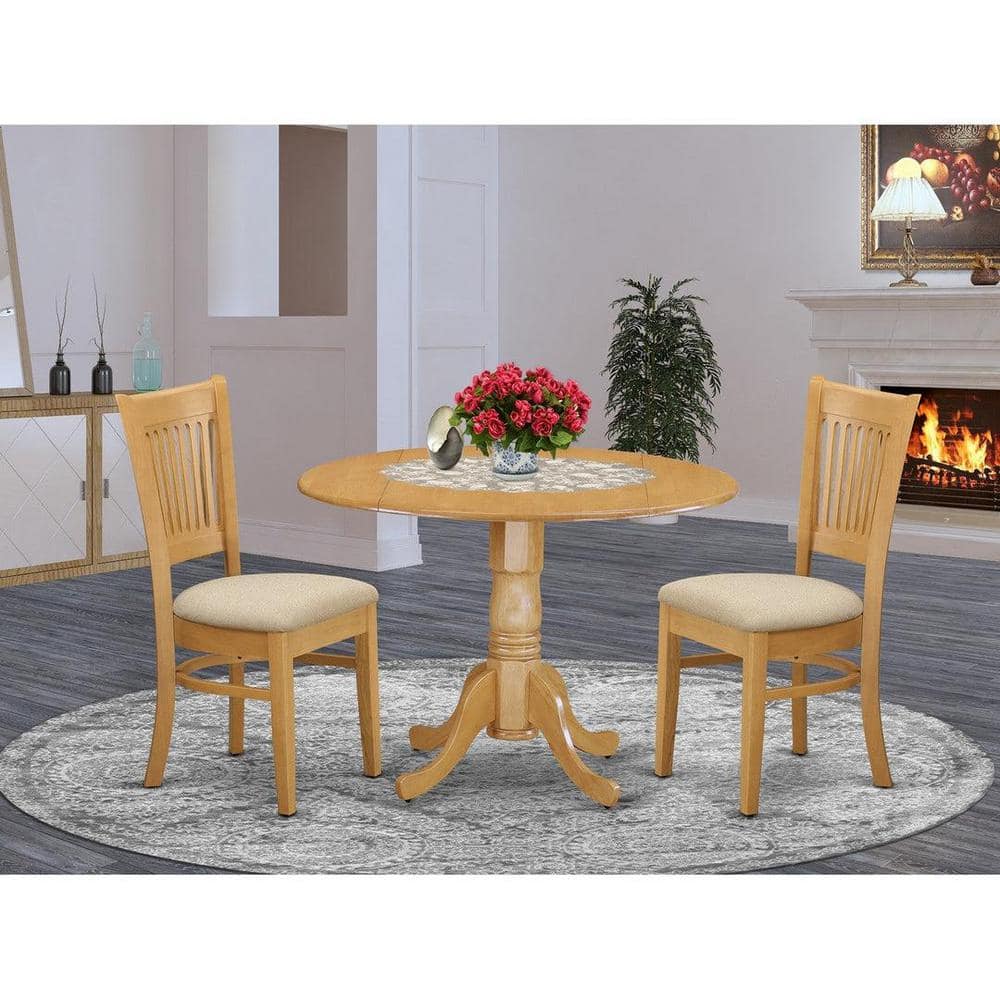 Natural Oak Finish 3-Piece Round Dining Set with High Back Lattice Chairs