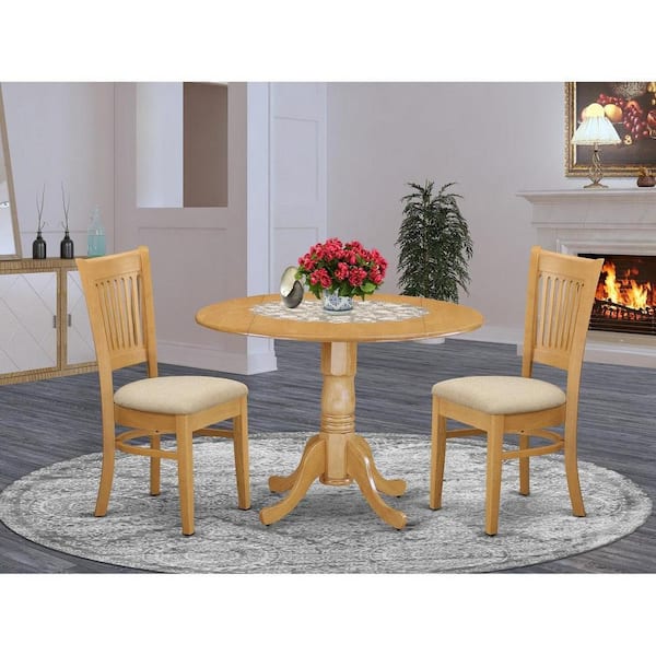East West Furniture 3-Piece Round Natural Oak Finish Solid Wood Top Dining Table with 2-Chairs with Lattice Back