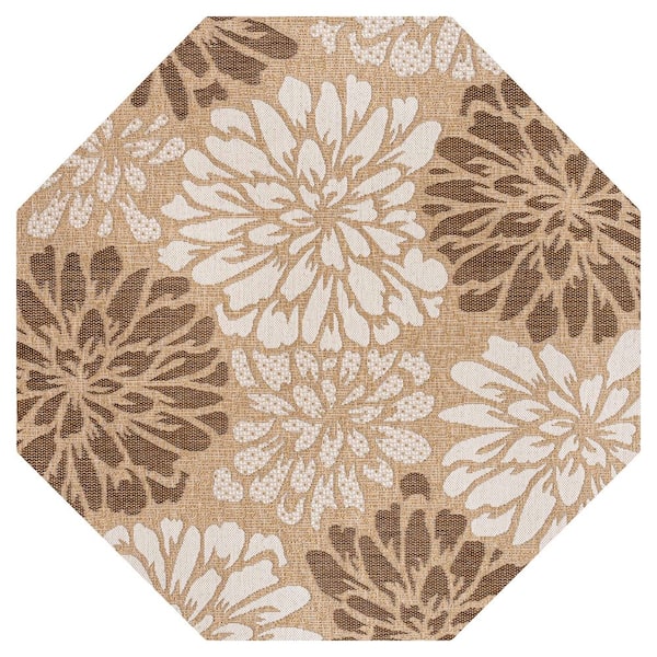 Zinnia Modern Floral Textured Weave Brown/Cream 5 ft. Octagon Indoor/Outdoor Area Rug