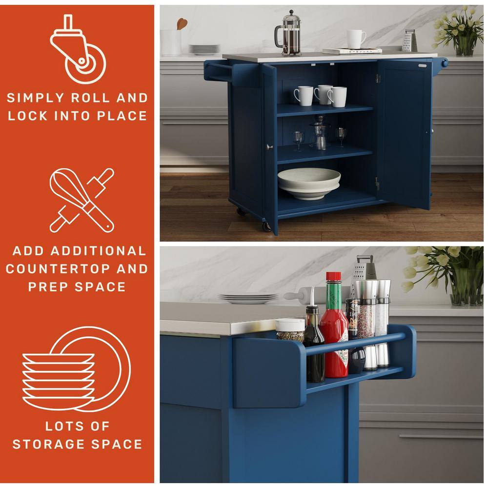 Blue Stainless Steel Top Kitchen Cart with Spice Rack and Storage