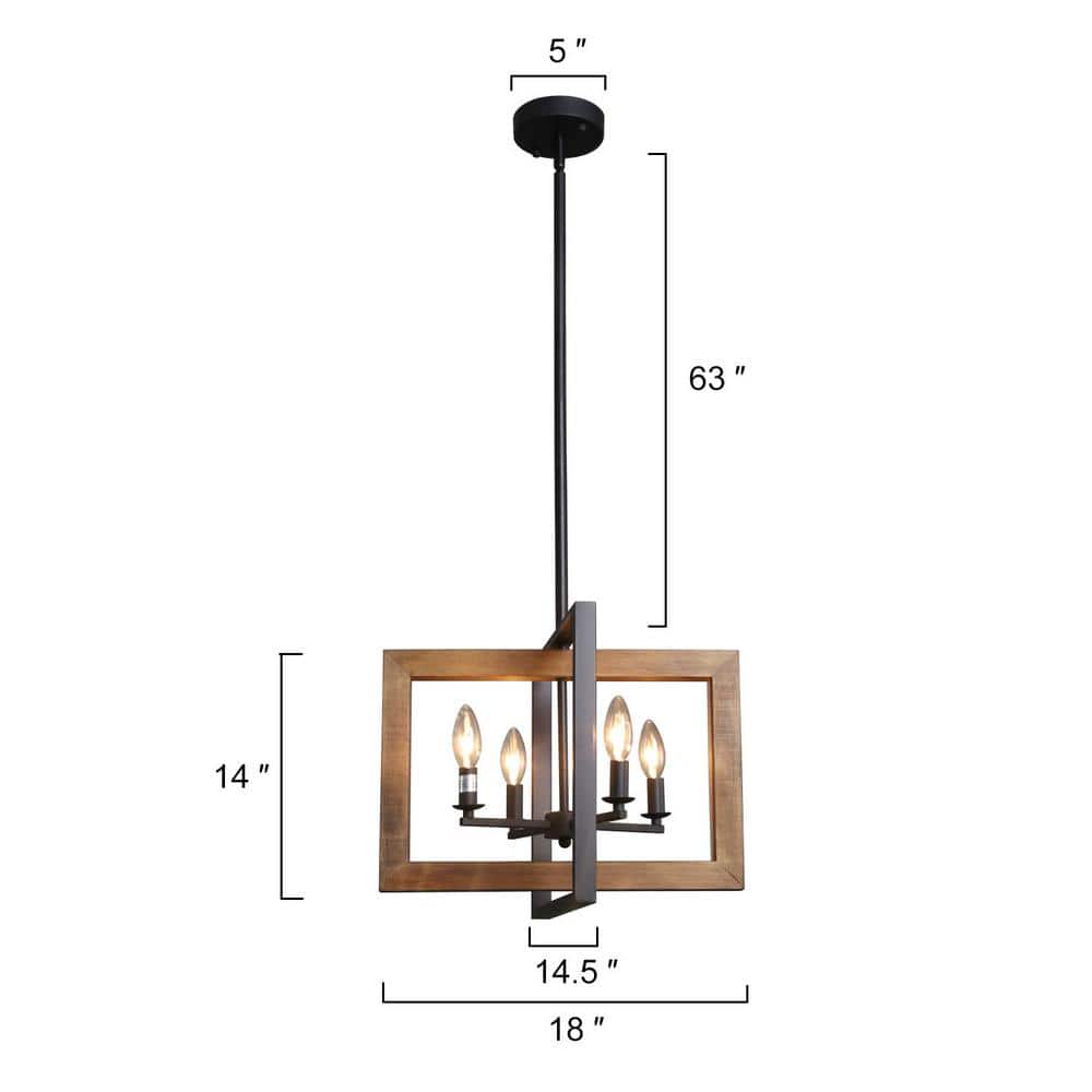 Rustic Wood & Iron 4-Light Black Candelabra Pendant Chandelier