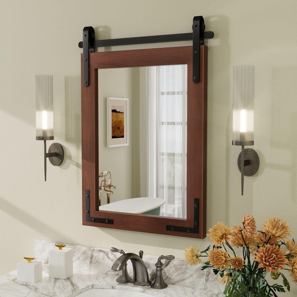 20 in. W x 28 in. H Rectangular Rustic Farmhouse Solid Wood Framed & Tempered Glass Wall Bathroom Vanity Mirror in Brown price history on PriceWatchPro