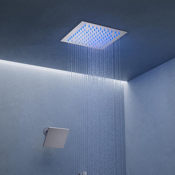 3-Spray Square 12 in. Rain LED Shower System with 6 in. Shower Head Handheld shower in Brushed Nickel 2.5 GPM