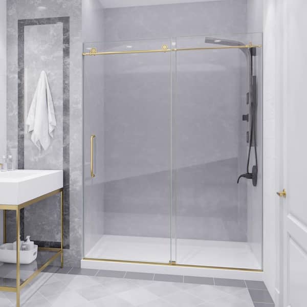 Madam 56 to 60 in. W x 76 in. H Frameless Sliding Shower Door in Brushed Gold with Tsunami Guard Clear Tempered Glass